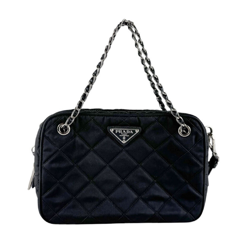 Prada Handbag Crossbody Bag Quilted Leather Black Silver